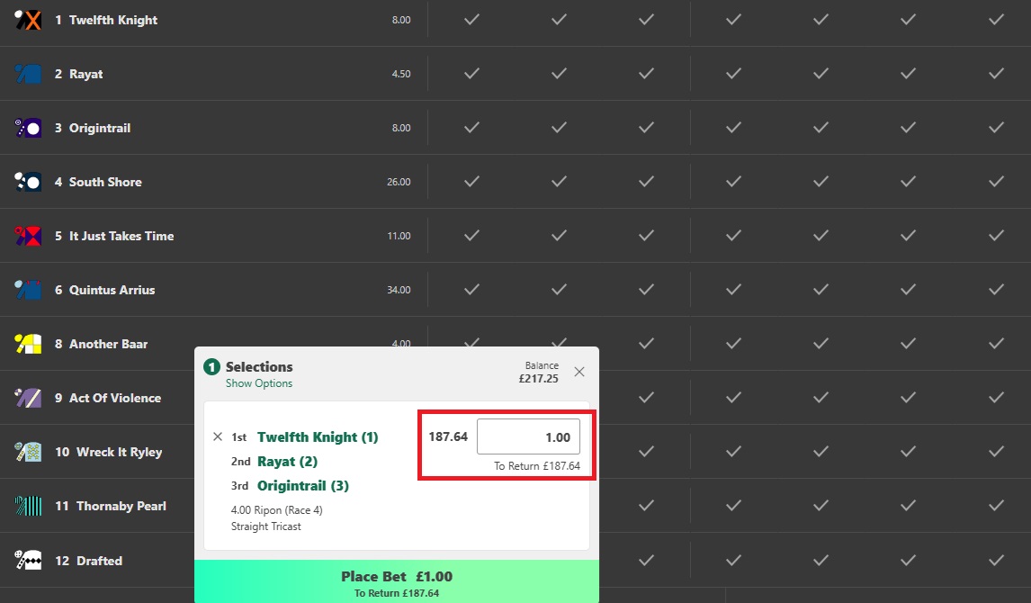 Bet365 Ripon 4pm race tricast bet slip with the odds and stake box highlighted